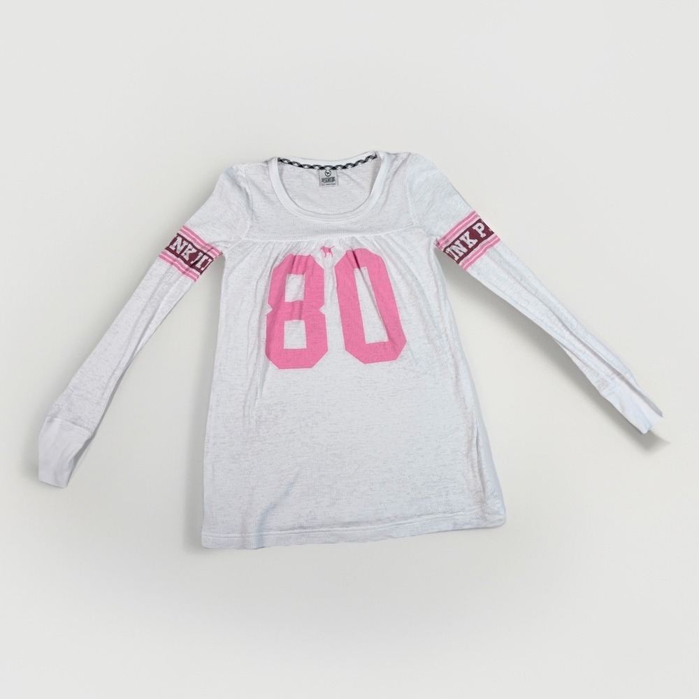 PINK Victoria's Secret Graphic Print Waffle Long Sleeve Thermal Top XS Varsity